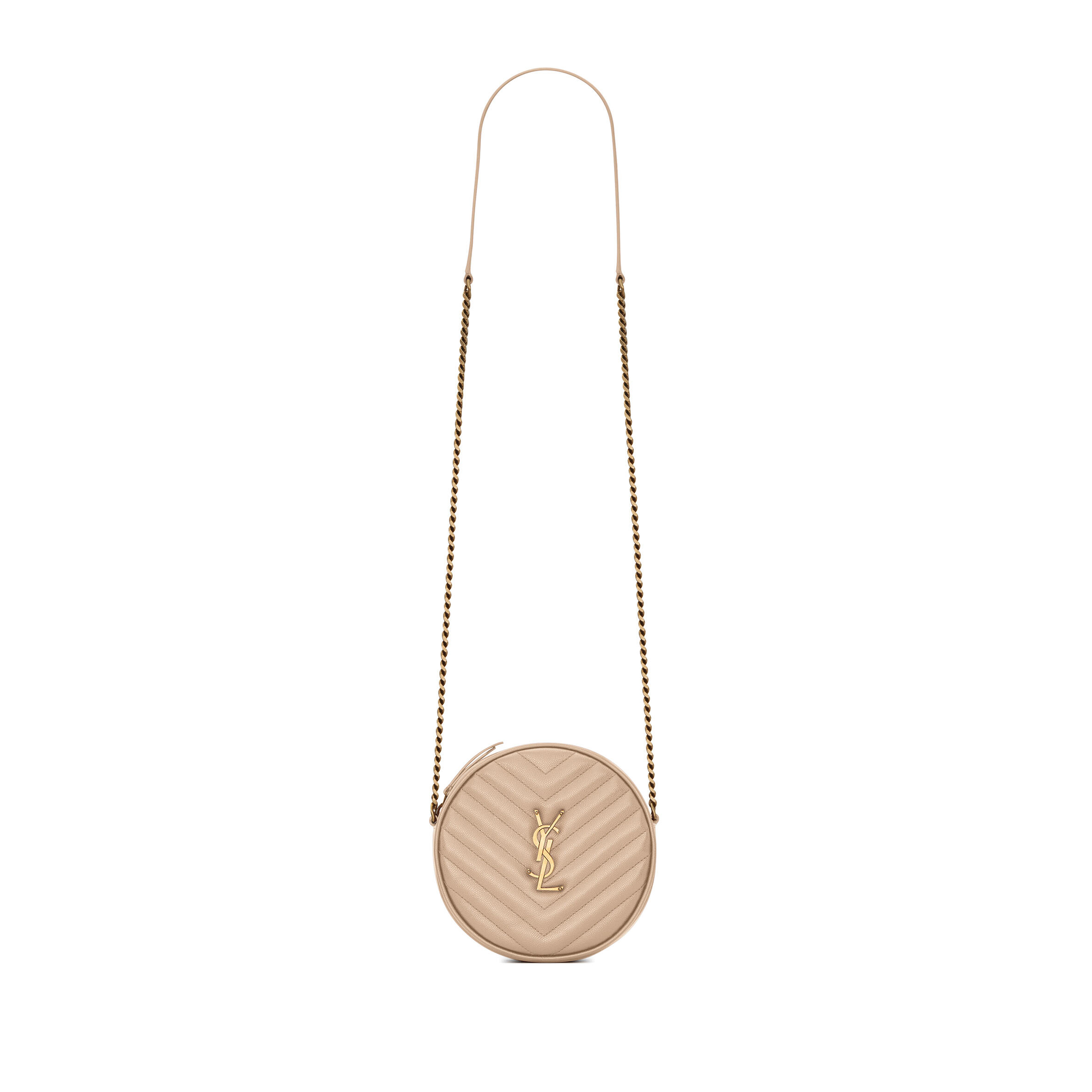 YSL VINYLE ROUND CAMERA BAG IN CHEVRON-QUILTED GRAIN DE POUDRE EMBOSSED LEATHER 6104361GF072721 (17*17*5.5cm)